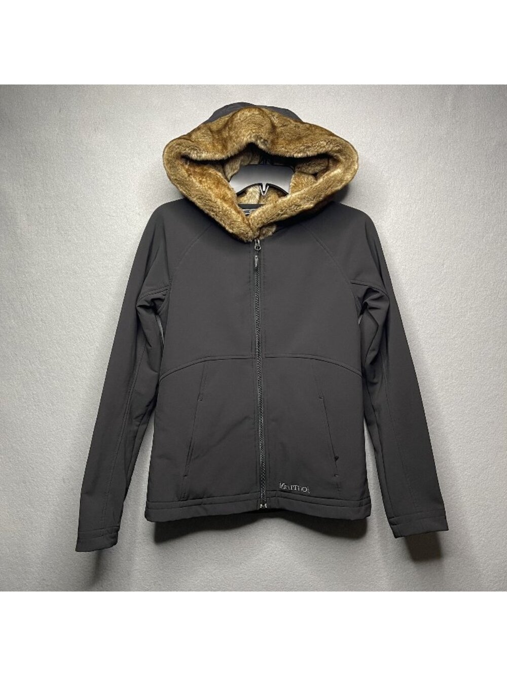 Marmot Womens Furlong Softshell Jacket Black Hooded Zip Faux Fur FleeceLined S/P